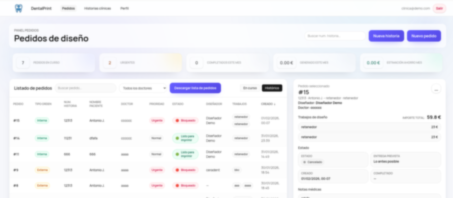 Panel de producción: lista de casos y estados
